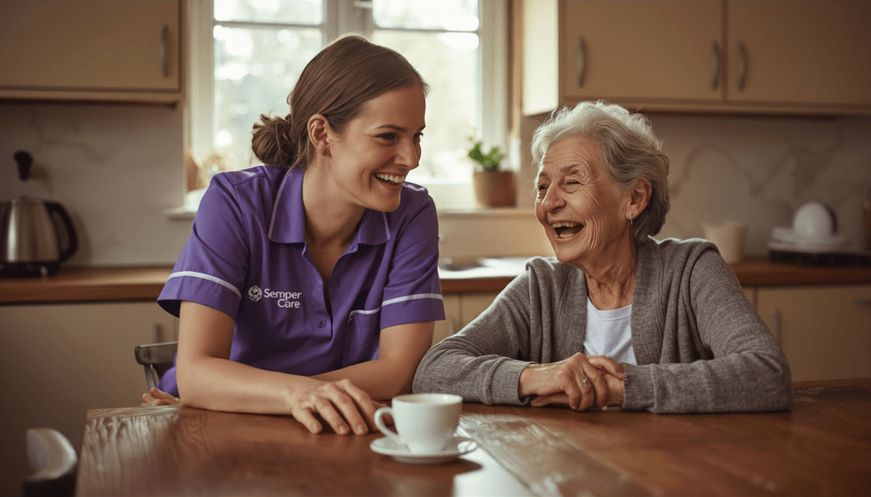 A Semper Care professional sitting warmly with an elderly client at a kitchen table